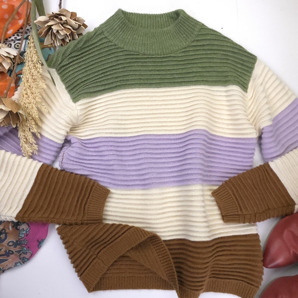 vestique Sweaters - Vestique Striped Green, Cream, Purple, and Brown Wool Blend Sweater Sz S